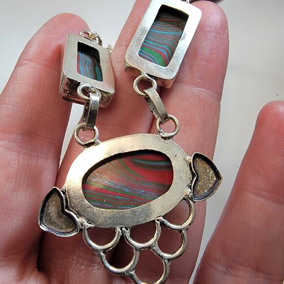 Handmade Sterling Silver Necklace Featuring Colorful Multi-Striped Polymer Stone - Picture 6 of 10